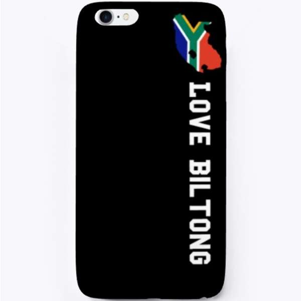 iPhone Case that has a South African Flag and the words Love Biltong on it