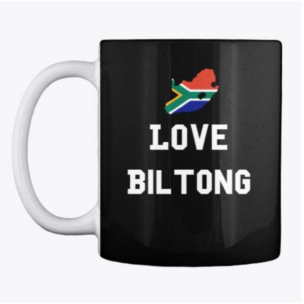 Mug that has a South African Flag and the words Love Biltong on it