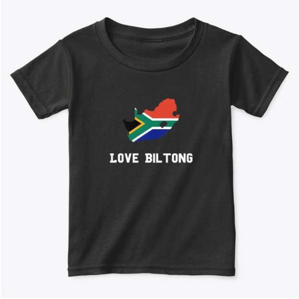 Toddlers Classic Tee that has a South African Flag and the words Love Biltong on it